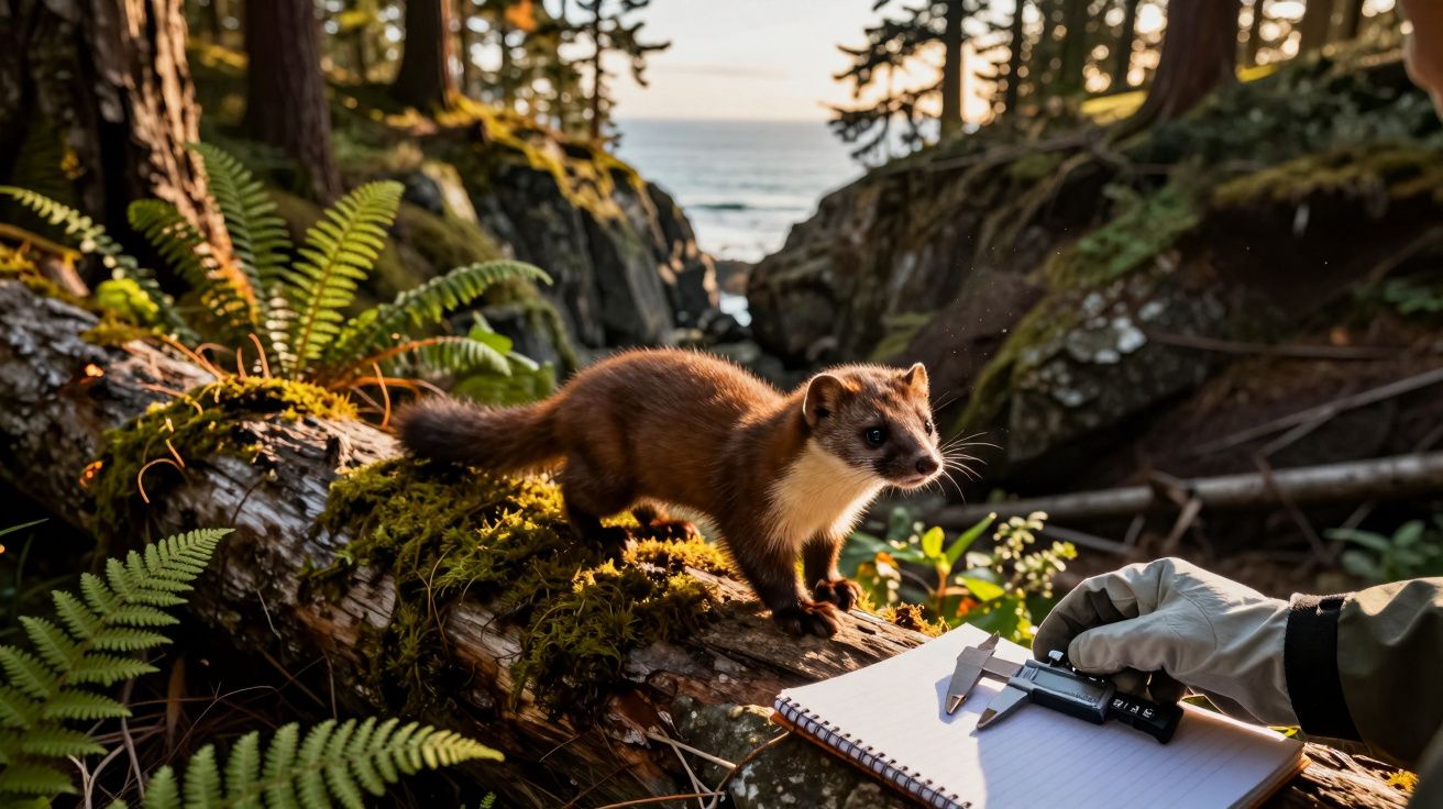 Marta em tronco de árvore numa floresta, com bloco de notas e paquímetro ao lado, próximo ao mar ao entardecer.