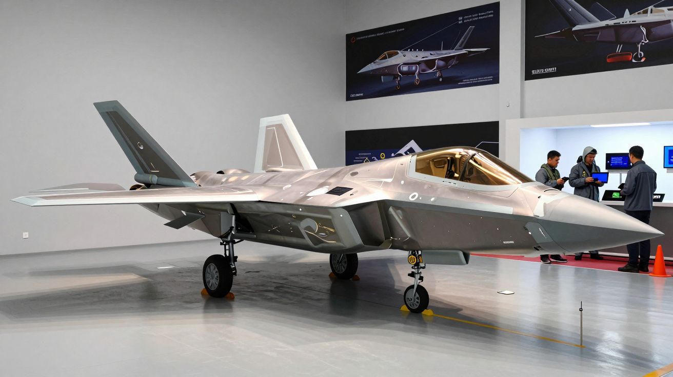 Avião militar prateado em exibição num hangar com três pessoas ao fundo e cartazes na parede.