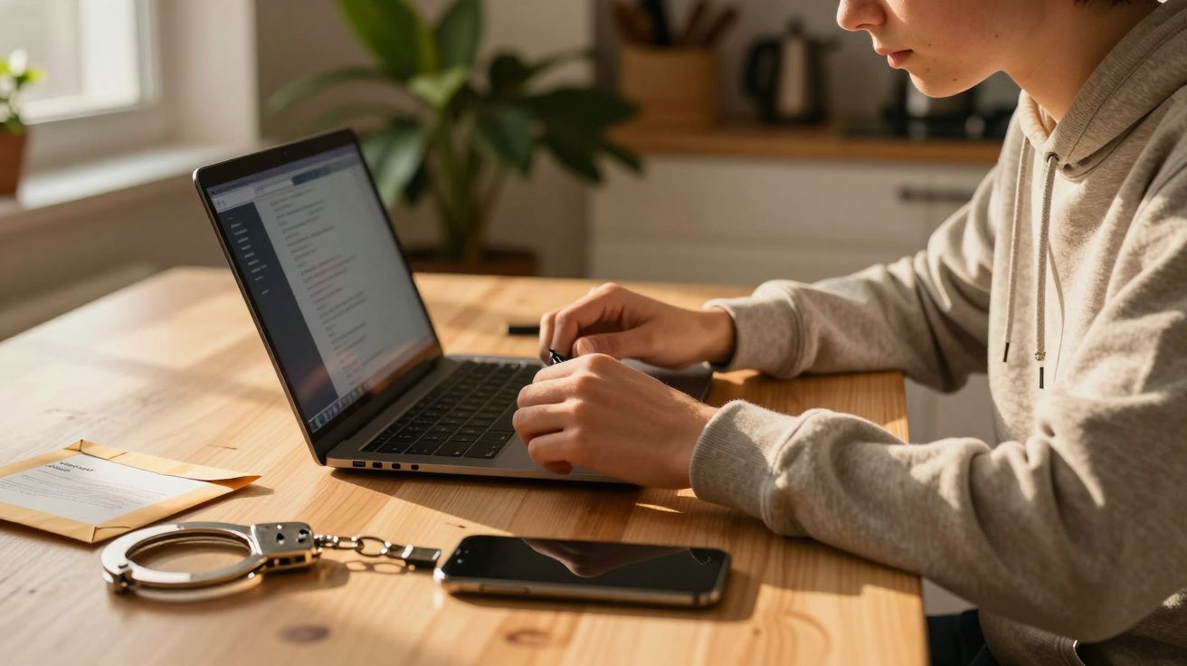 Pessoa usando laptop numa mesa, com algemas e telemóvel ao lado.