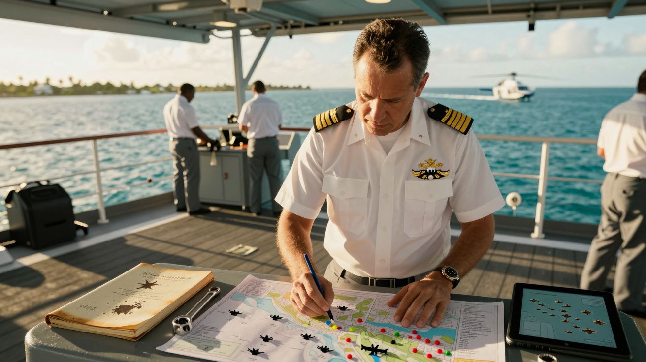 Capitão analisa mapa num barco, rodeado por tripulantes, com o mar ao fundo e helicóptero a aproximar-se.
