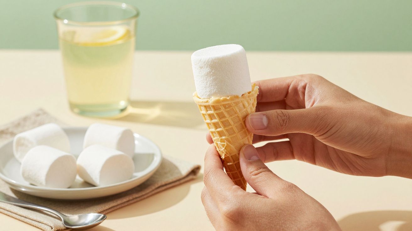 Mãos segurando um cone com marshmallow, com copo de limonada e prato de marshmallows ao fundo sobre a mesa bege.