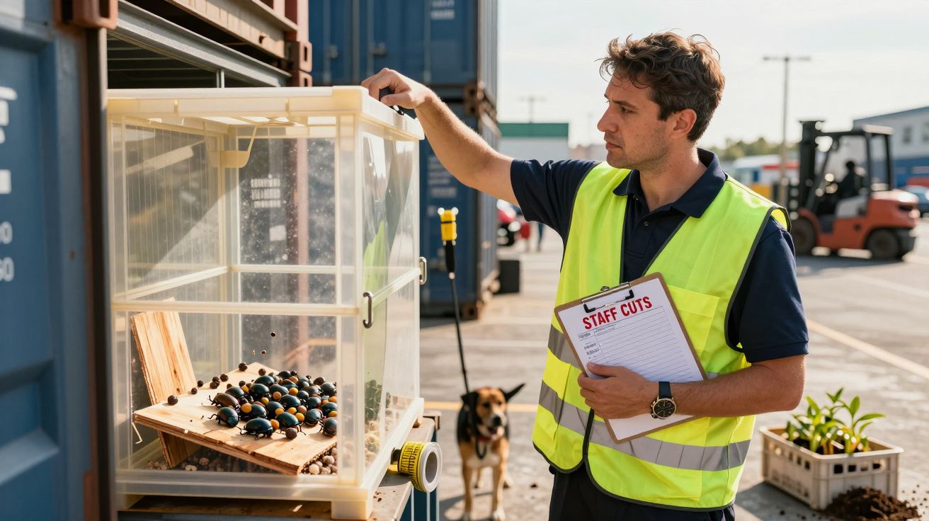 Homem de colete refletor analisa insetos numa caixa de vidro, segurando um bloco de notas, com contentores e empilhadora ao f
