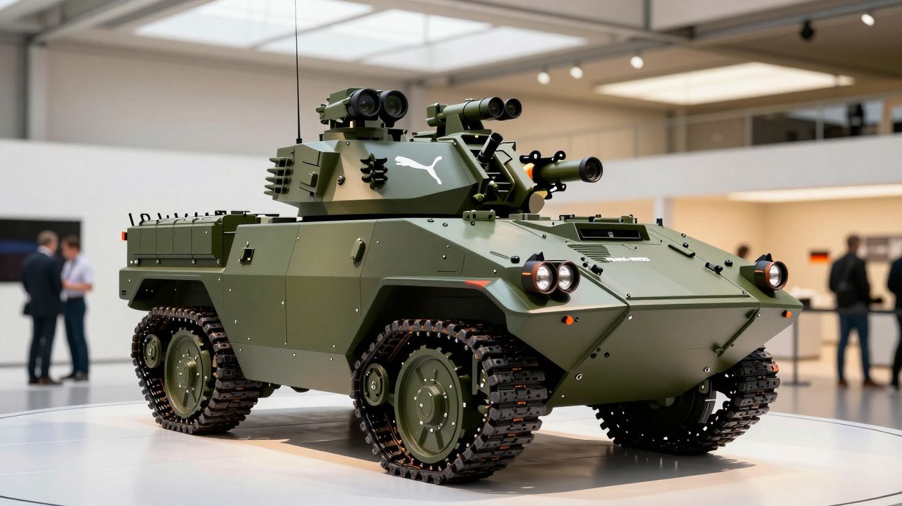 Veículo militar blindado verde em exposição, com rodas robustas e armamento no teto, em ambiente interno moderno.