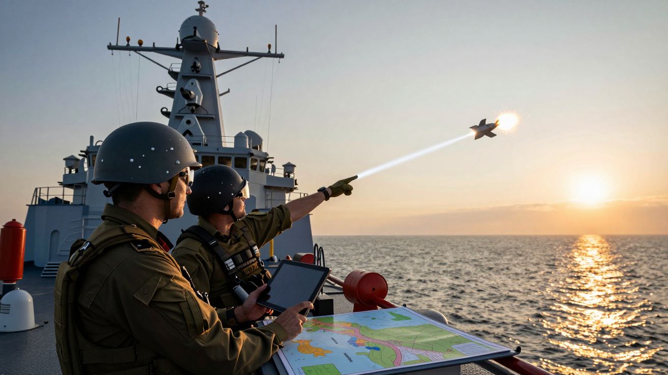 Dois militares num navio monitorizam o lançamento de um projétil no mar ao pôr do sol, com mapas e tablet em mãos.
