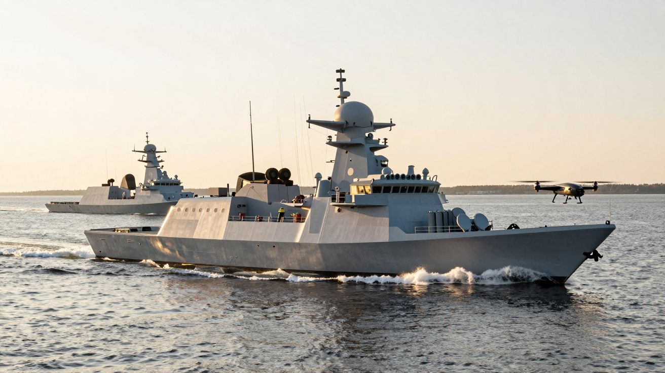 Duas corvetas cinzentas navegando em águas calmas ao pôr-do-sol, com um drone no ar ao lado de uma delas.