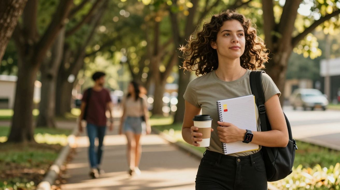 Mulher jovem caminhando em parque com caderno e café na mão; outras duas pessoas ao fundo.