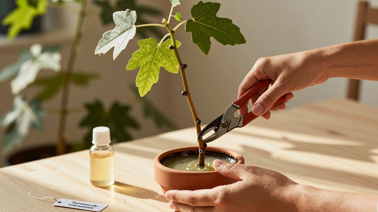 Mãos cortam uma jovem planta num vaso de barro sobre uma mesa de madeira com tesoura de poda; frasco ao lado.