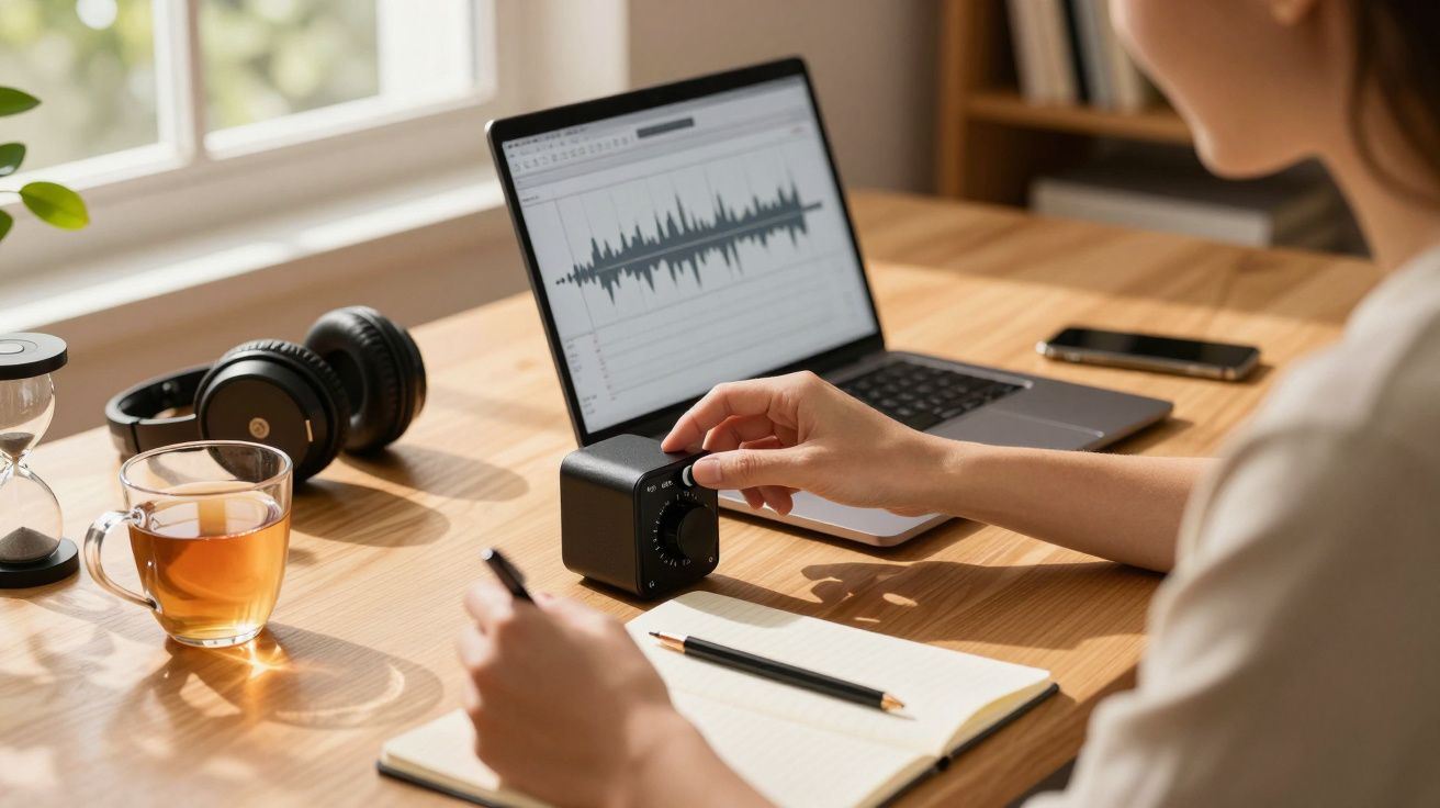 Pessoa ajusta controle de som com laptop mostrando onda de áudio. Auriculares, chá e bloco de notas ao lado.