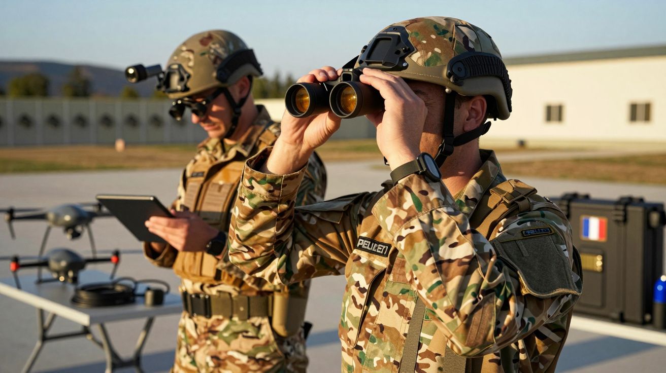 Dois soldados em camuflagem operam drones; um usa binóculos e outro segura um tablet.