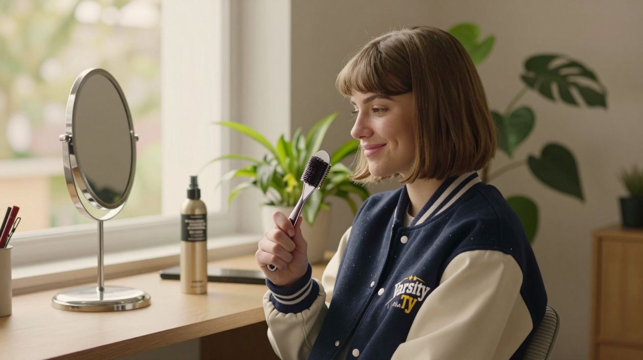 Mulher sorridente usando uma escova de cabelo como microfone, sentada à frente de um espelho e plantas ao fundo.