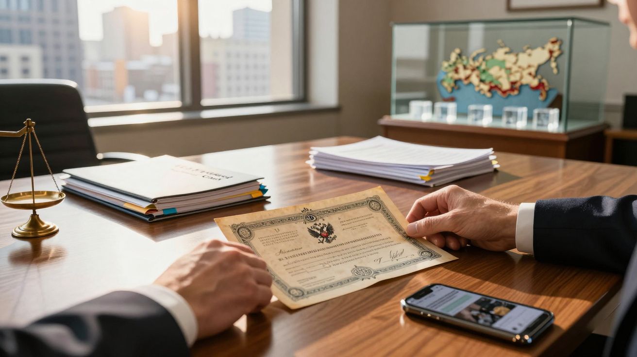 Homem segurando documento formal sobre mesa de escritório, perto de telemóvel e balança de justiça.