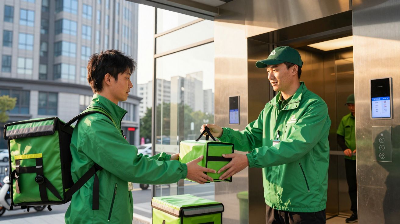 Dois entregadores em uniformes verdes trocam pacotes em frente a um elevador em prédio urbano moderno.
