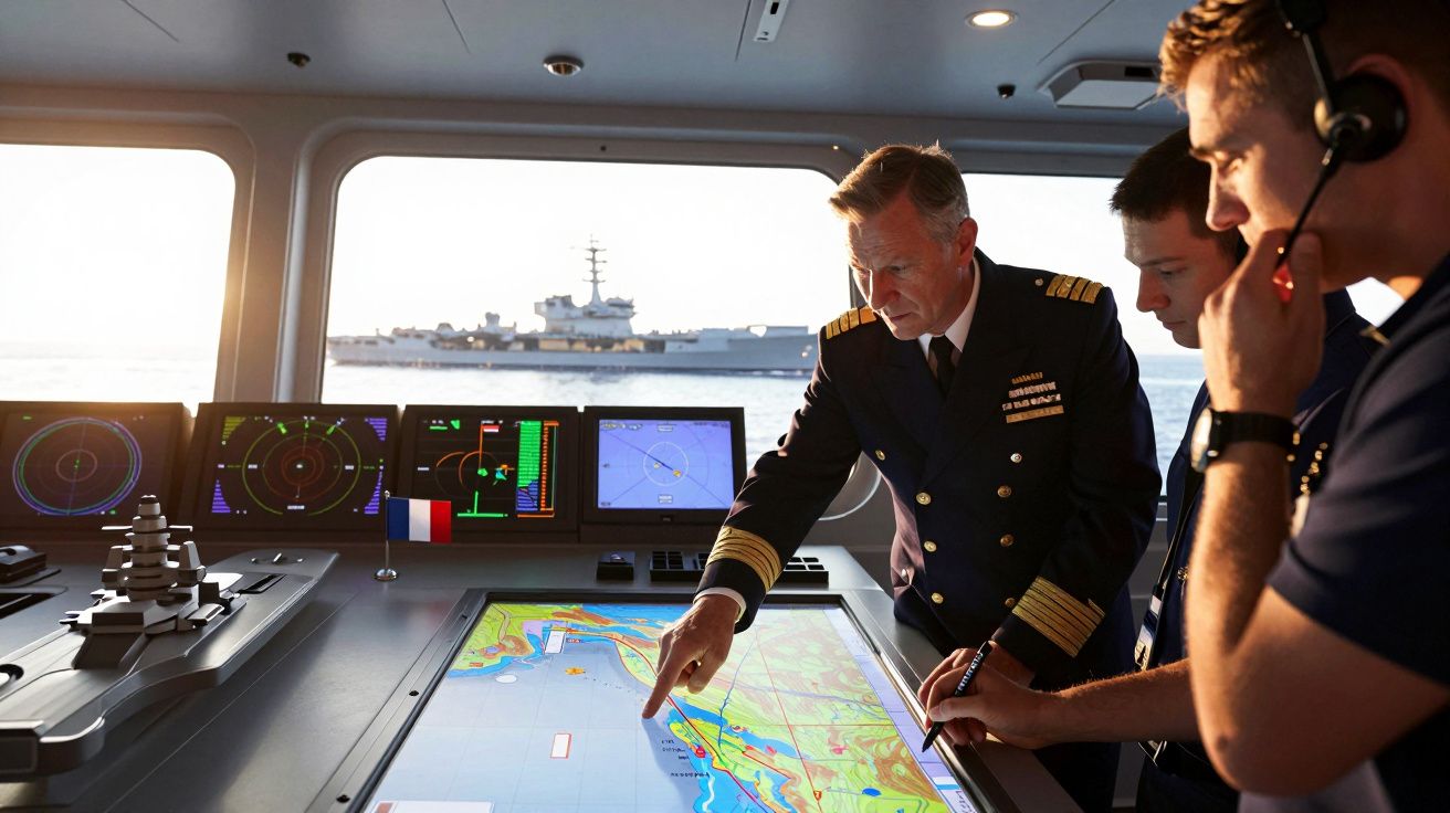 Oficiais da Marinha analisam mapas num ecrã tátil numa cabine de comando, com um navio visível ao fundo.