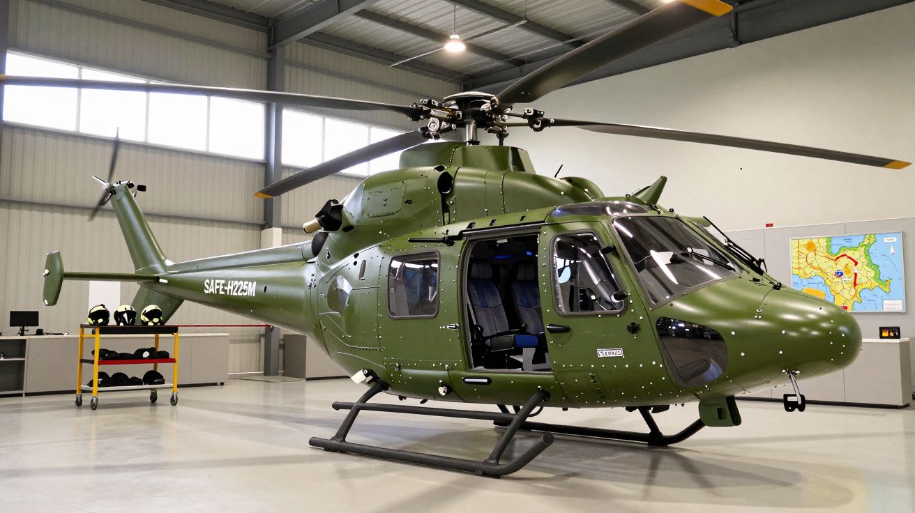 Helicóptero militar verde em hangar, portas abertas, mostrando interior e equipamento de navegação.