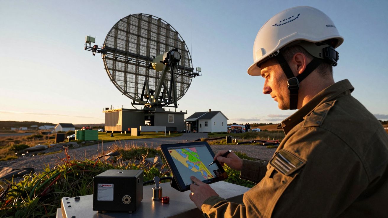 Homem com capacete opera tablet em frente a grande radar numa área aberta ao entardecer.