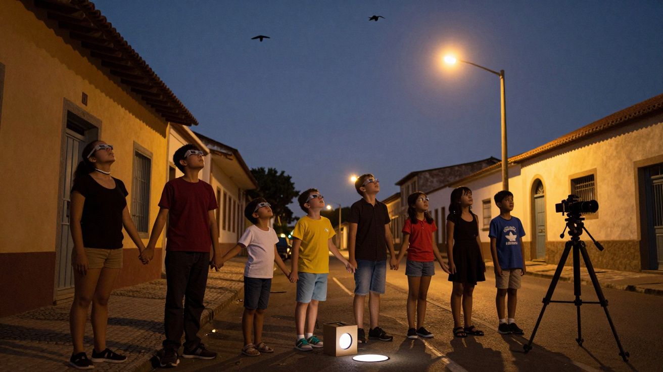 Grupo de crianças com óculos de proteção observa o céu noturno numa rua iluminada enquanto seguram as mãos.