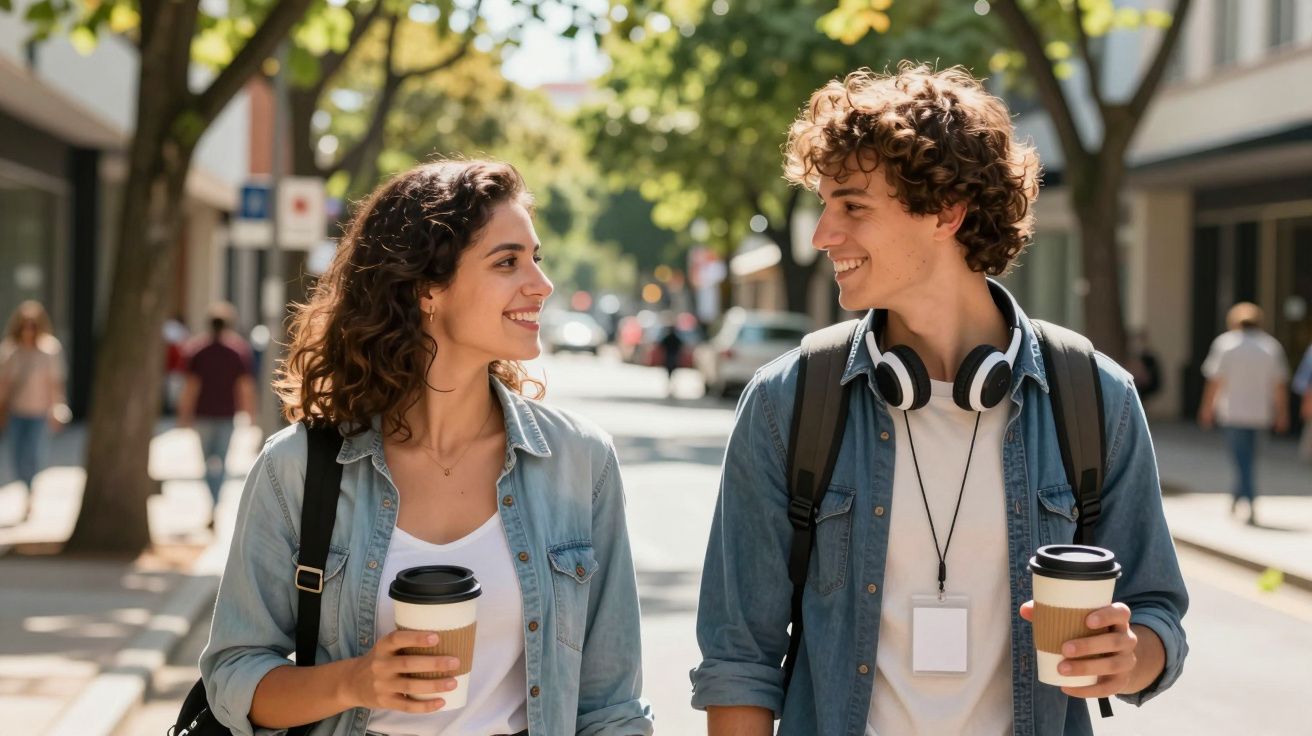 Dois jovens caminham numa rua ensolarada, sorrindo e segurando copos de café.