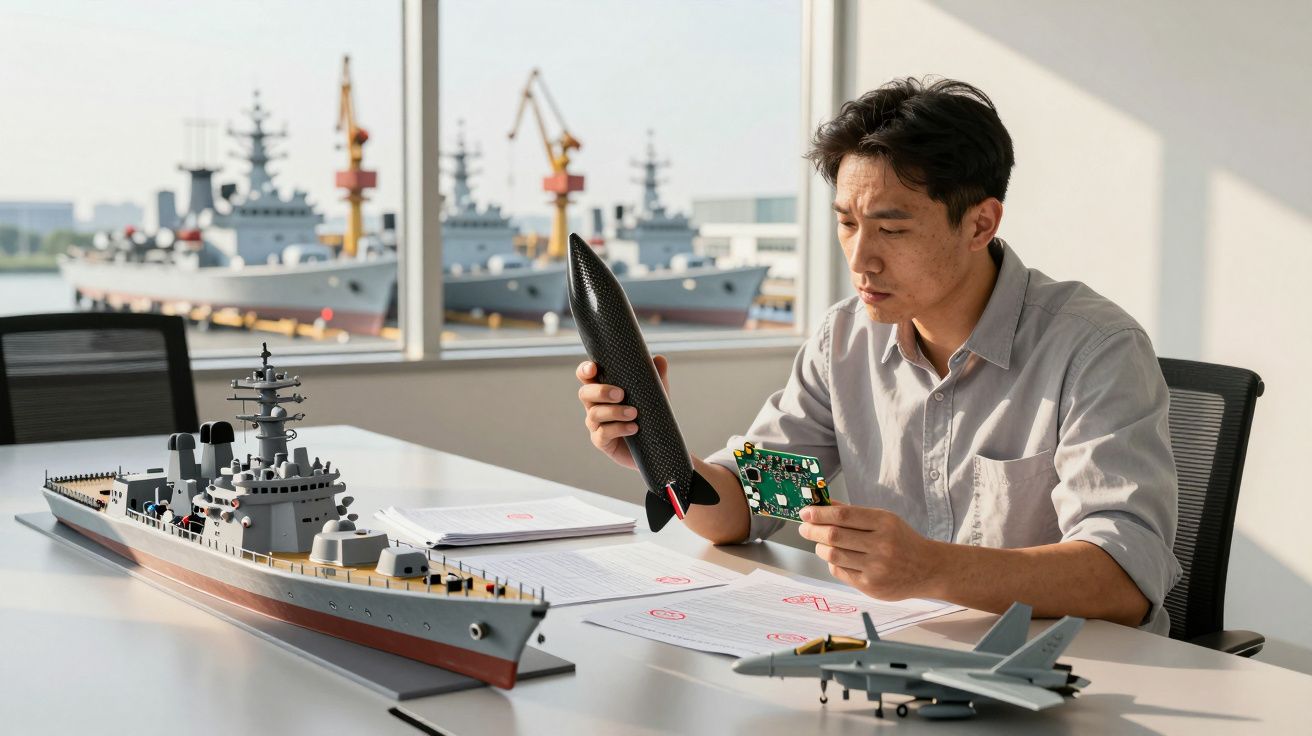 Homem analisa maquete de barco, míssil e placa de circuito num escritório com janelas viradas para um porto naval.