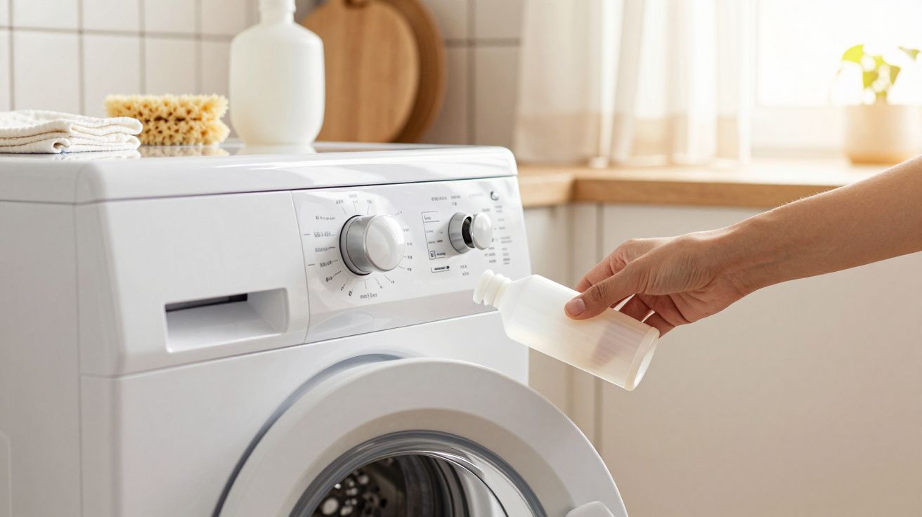 Pessoa a colocar detergente numa máquina de lavar roupa branca numa cozinha iluminada.