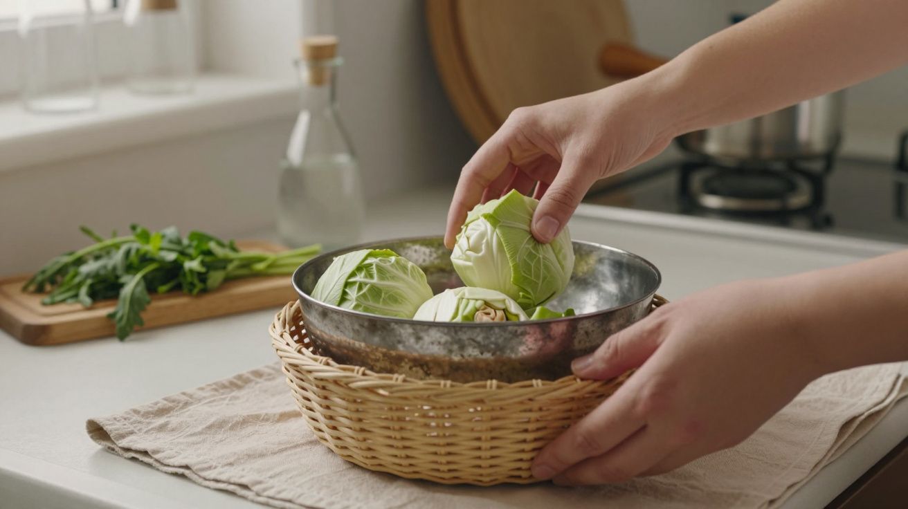 Mãos colocam couves num cesto na cozinha, com ervas frescas ao fundo.