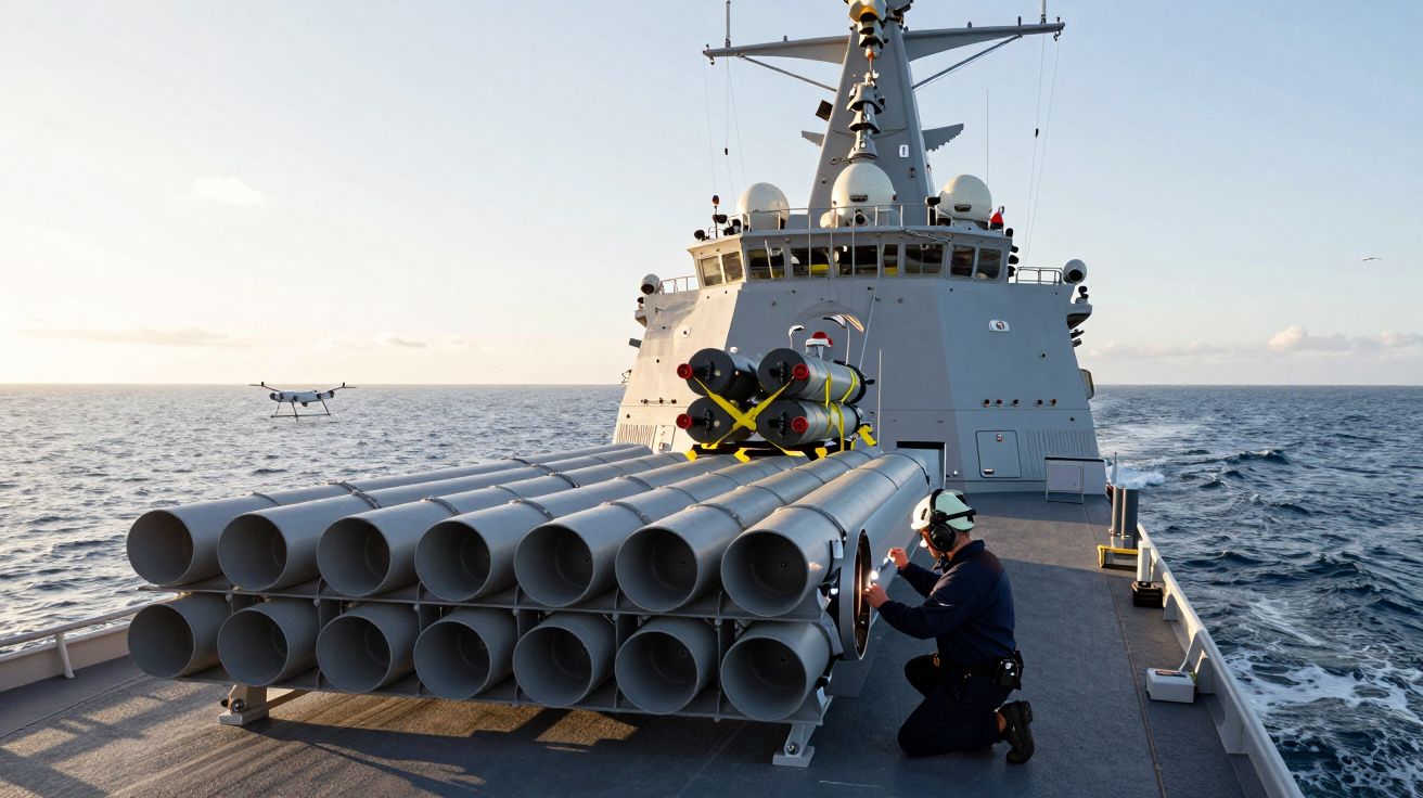 Pessoa trabalha em sistema de lançamento de mísseis a bordo de um navio militar no oceano ao pôr do sol.