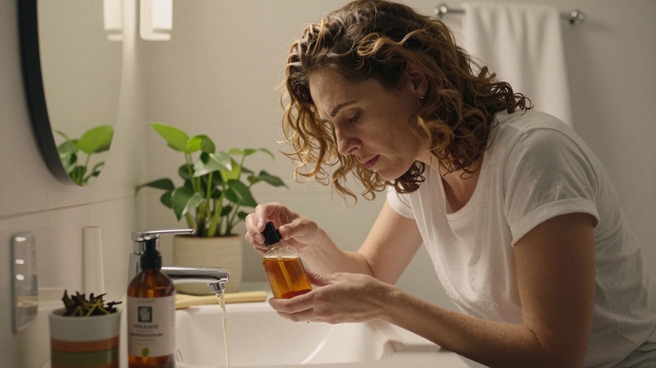 Mulher em casa de banho analisando frasco de óleo facial, com água a correr na pia e planta ao fundo.