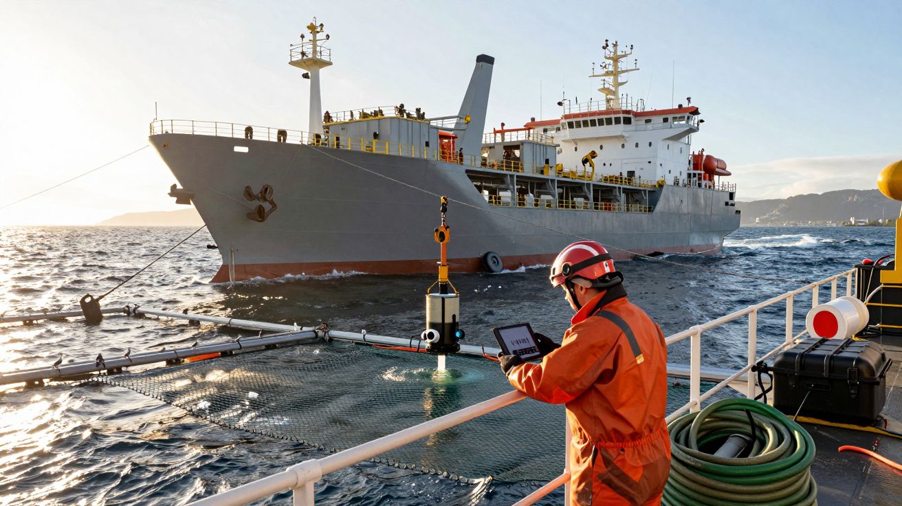 Trabalhador com capacete e tablet observa navio cinza no mar, cercado por equipamentos de pesca.