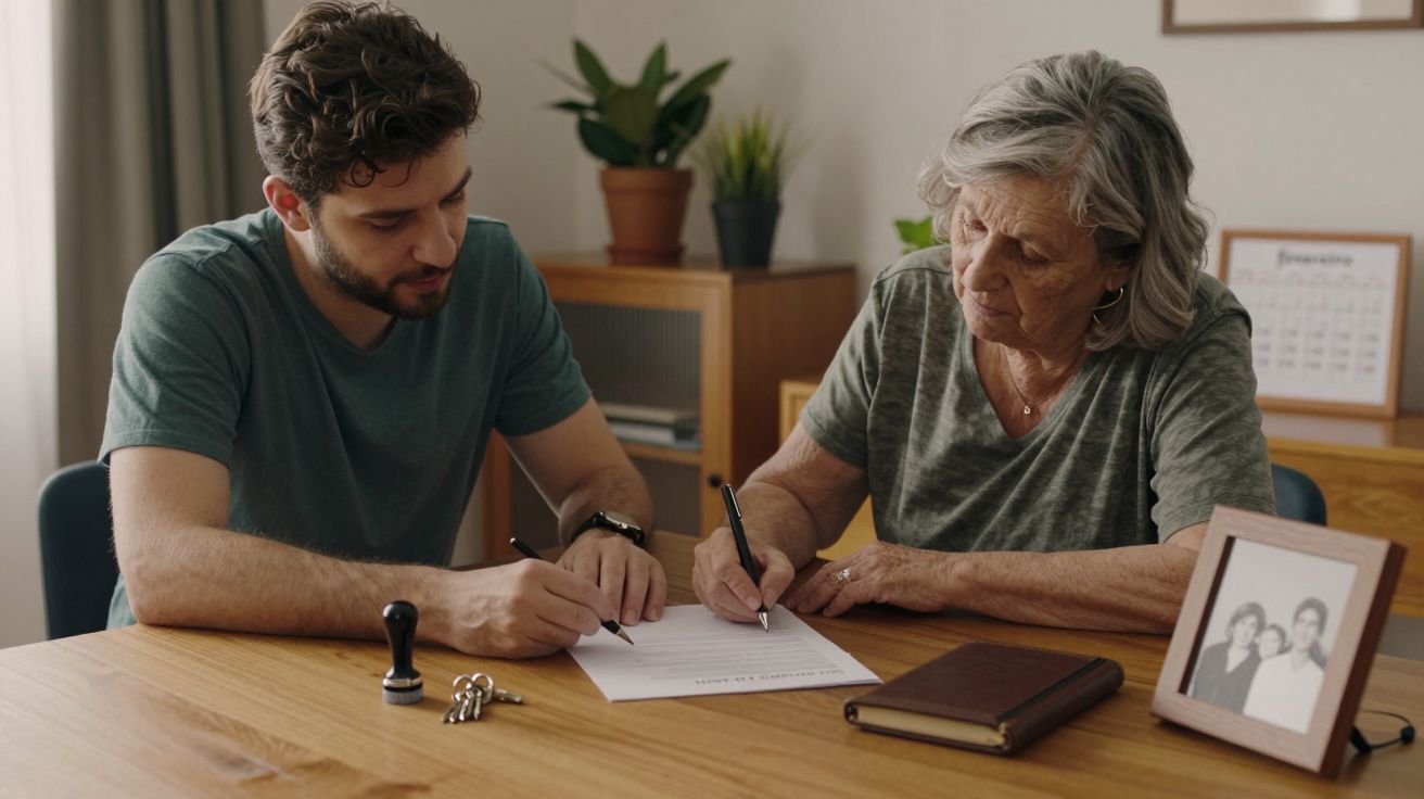 Homem e idosa assinam documento em mesa com carimbo, livro e foto emoldurada.