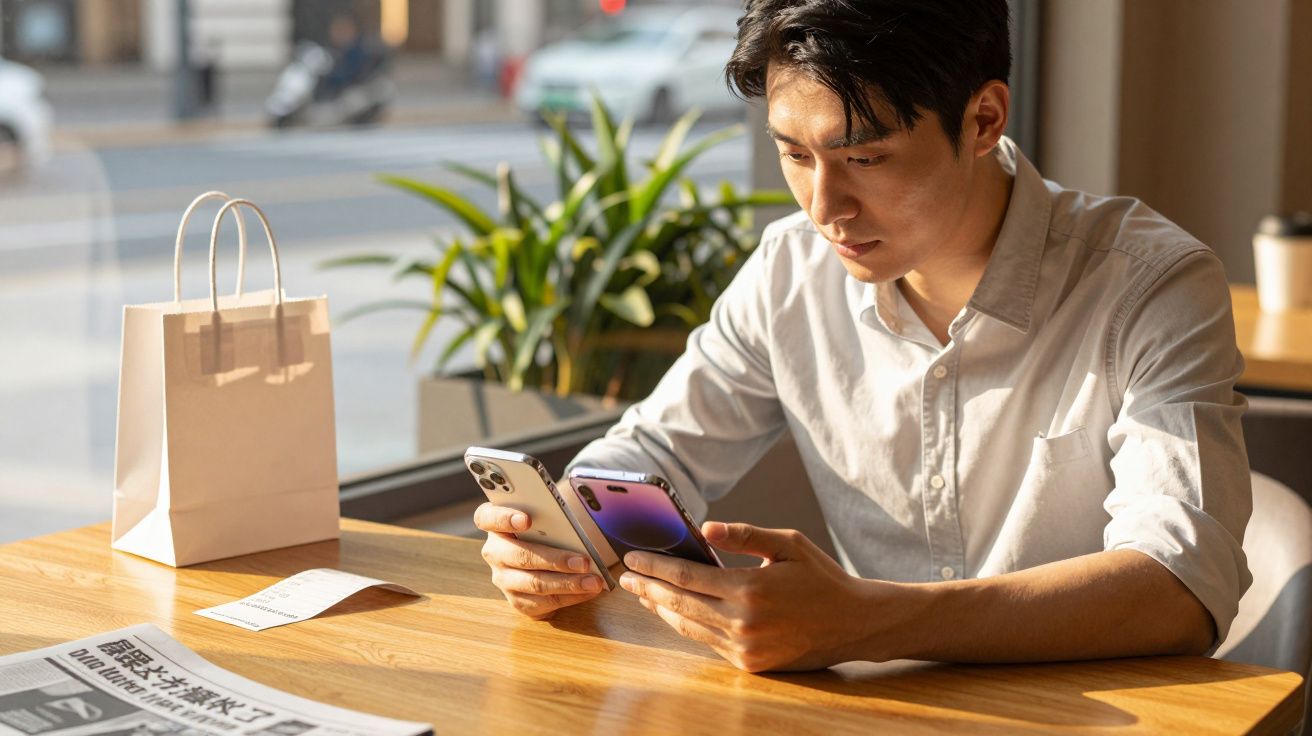 Homem sentado num café, segurando dois smartphones. Há uma sacola de papel e um jornal na mesa, com rua ao fundo.