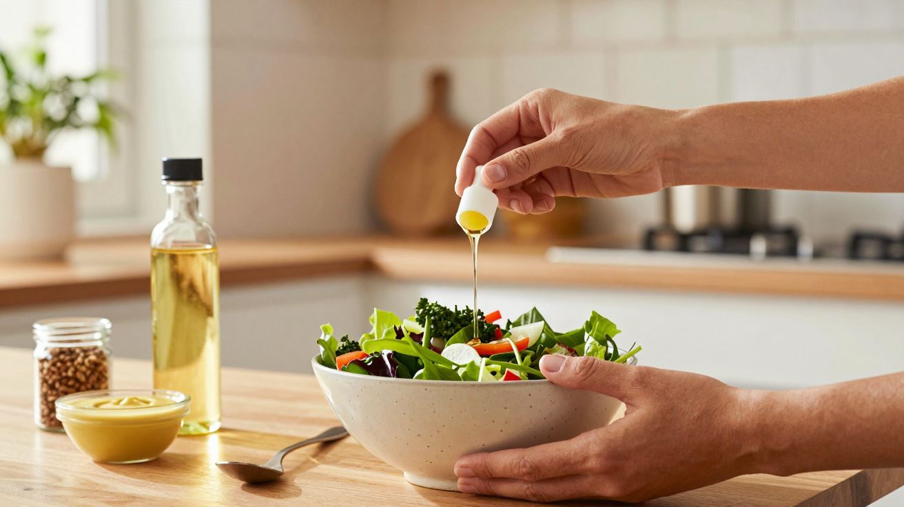 Pessoa tempera salada com azeite numa cozinha, ao lado de frasco de azeite e taça com especiarias.