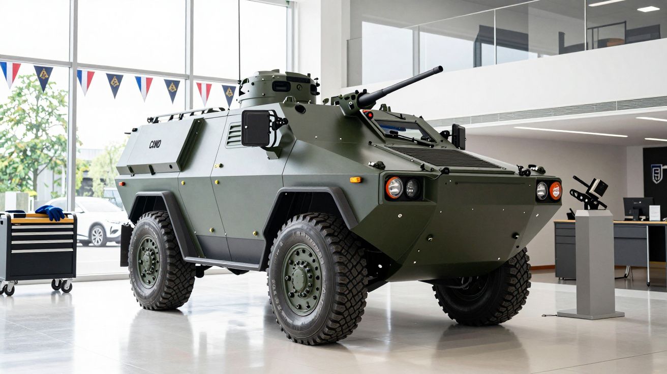 Veículo blindado verde em exposição numa oficina iluminada por janelas grandes.