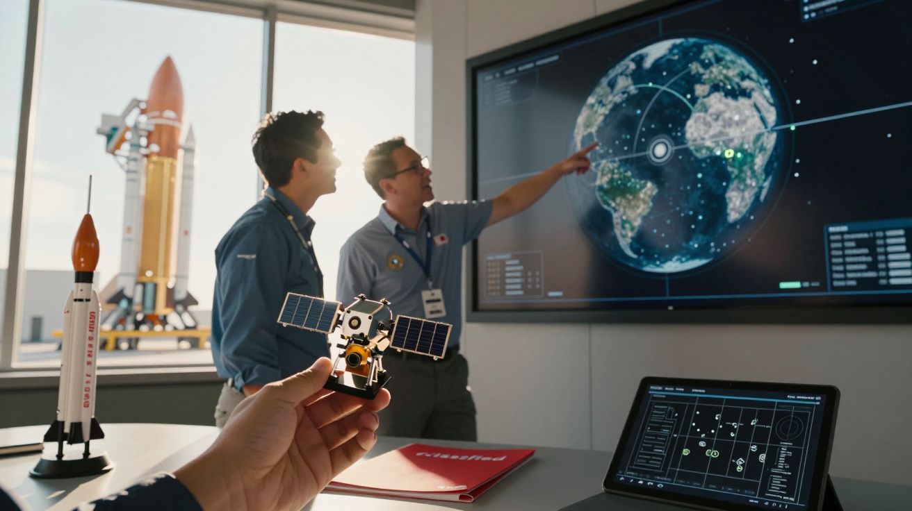 Dois homens observam ecrã com imagem da Terra; pessoa segura miniatura de satélite; modelos de foguetões na mesa.