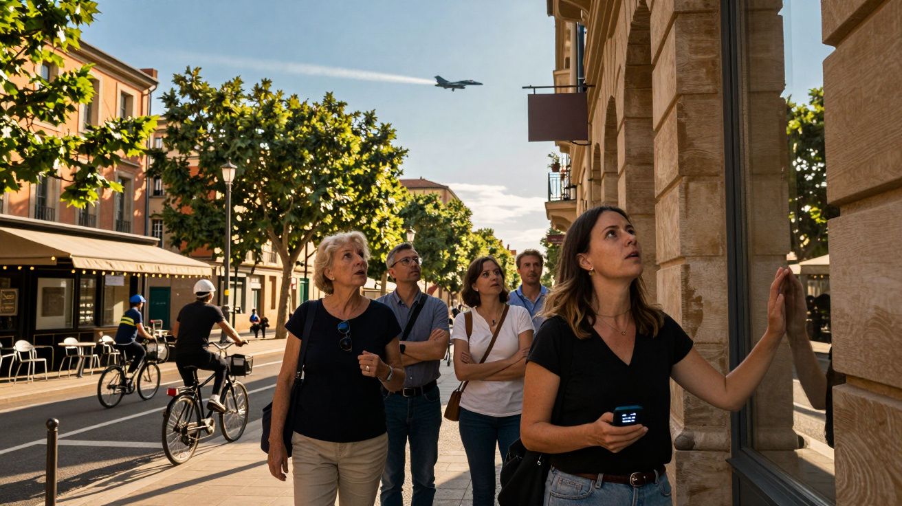 Grupo de pessoas na rua, olhando para cima, enquanto um avião passa no céu, em área urbana com lojas e árvores.