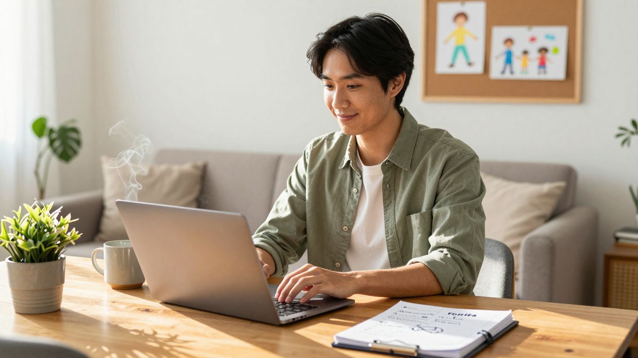 Homem a trabalhar num portátil numa sala de estar, com chávena e caderno na mesa, plantas e quadro ao fundo.