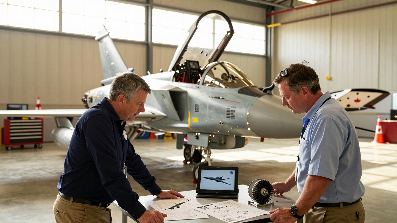 Dois homens discutem planos ao lado de um caça a jato num hangar, com um tablet e peças sobre a mesa.