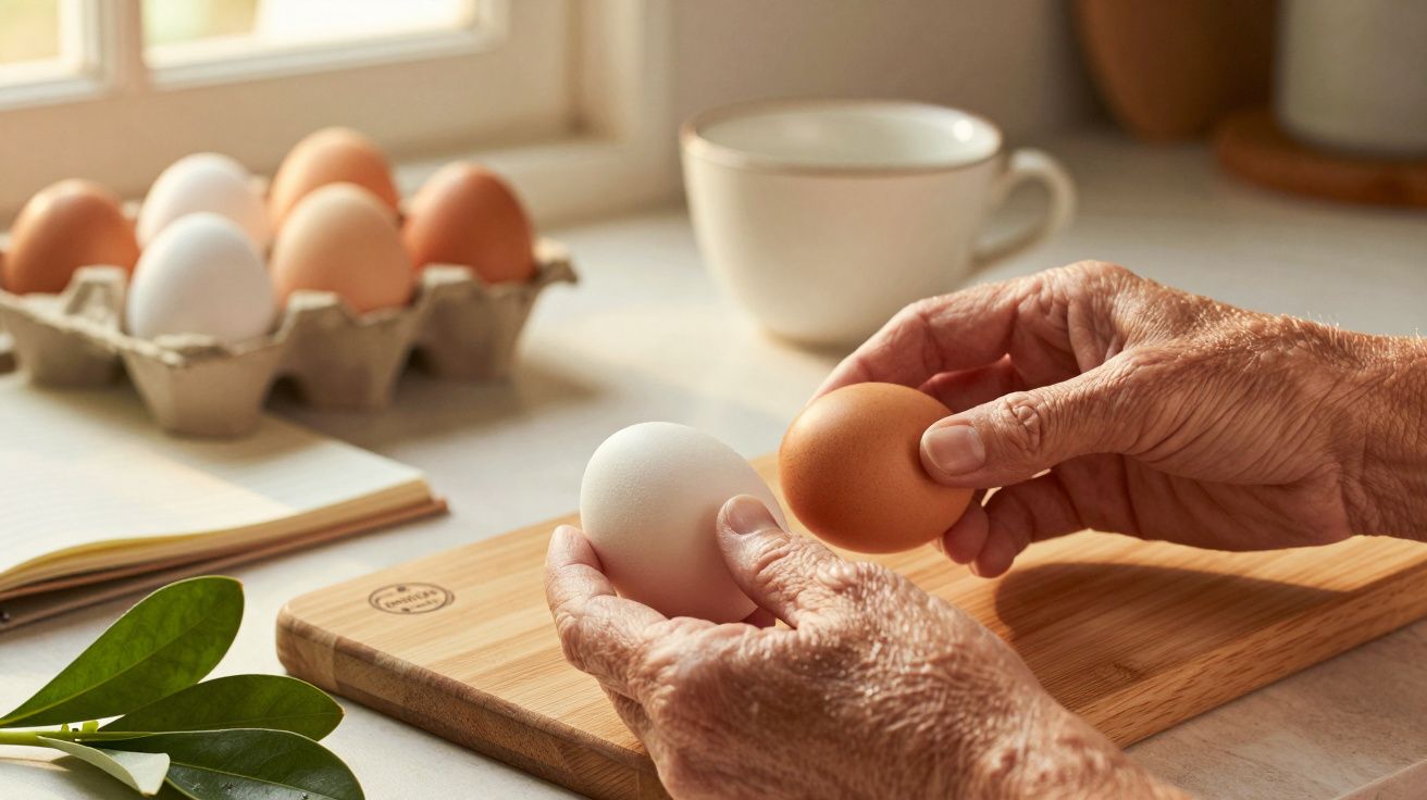 Mãos segurando dois ovos, um branco e um castanho, sobre uma tábua de madeira, com ovos e chávena ao fundo.