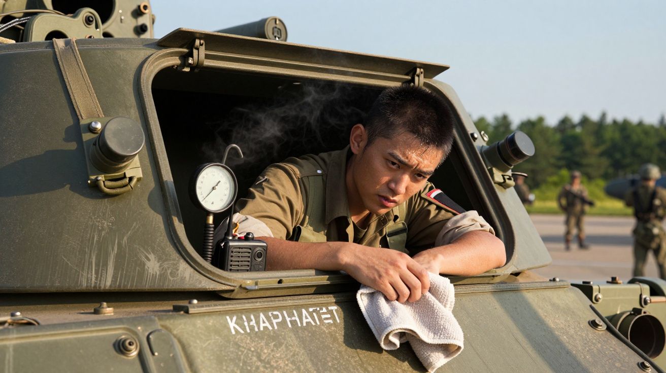 Soldado com uniforme militar num tanque, segurando um pano, com expressão pensativa; fumo a sair do veículo.