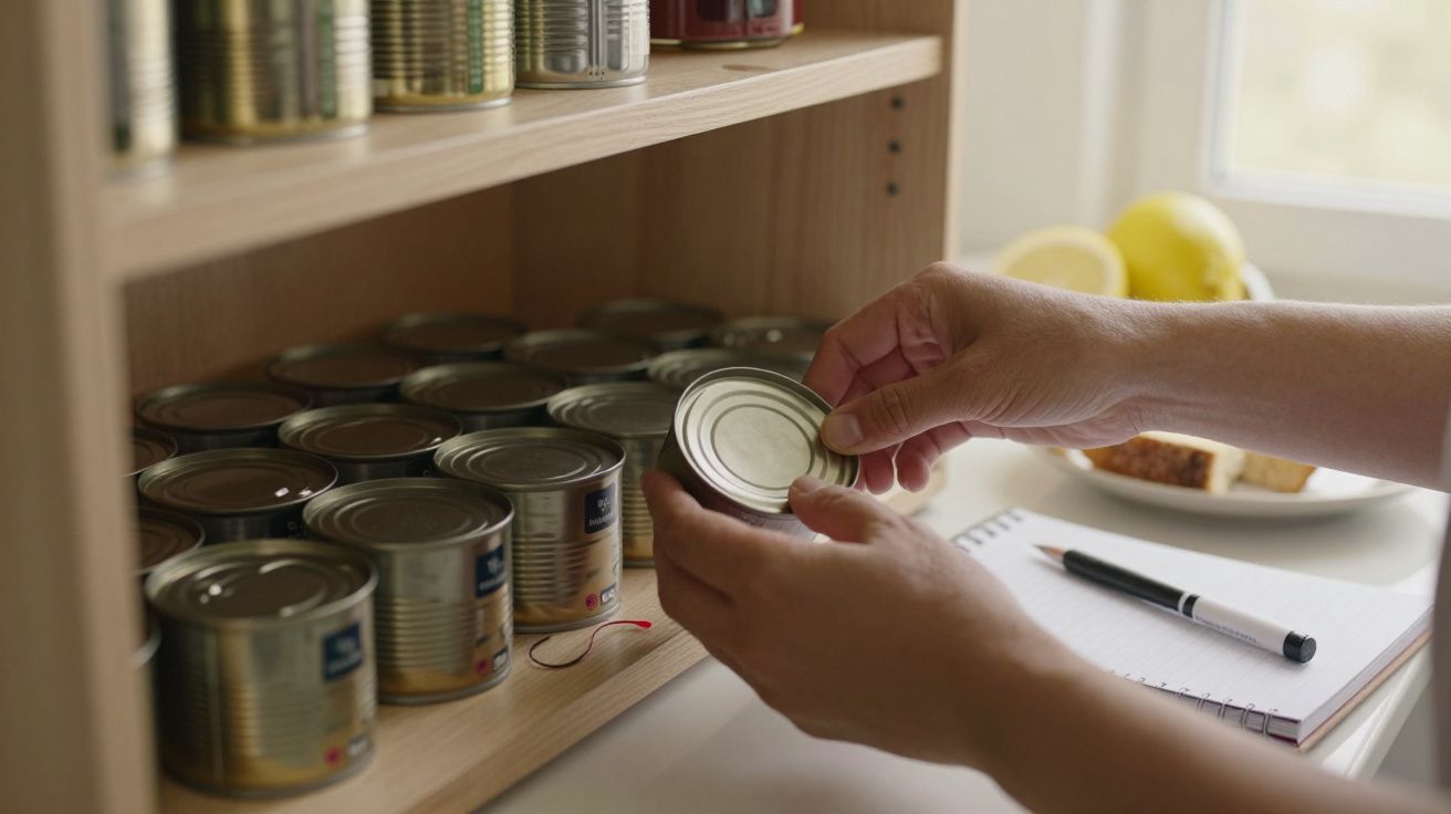 Mãos seguram lata em frente a prateleira cheia de latas de conserva, com bloco de notas e caneta ao lado.