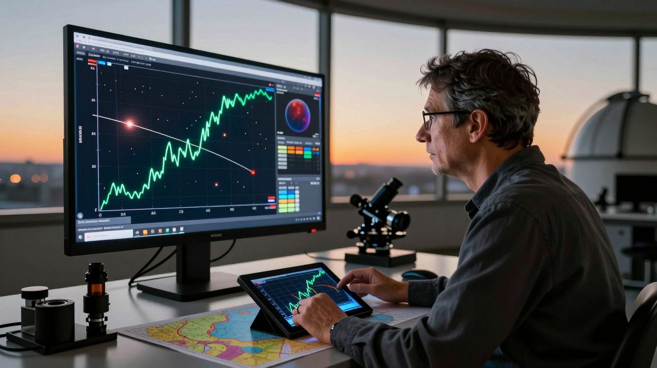 Homem analisa dados astronómicos no computador e tablet, ao pôr do sol, num observatório com telescópio ao fundo.