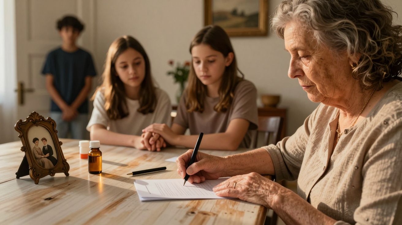 Idosa escreve à mesa com duas crianças ao lado, e um menino ao fundo, em ambiente iluminado por luz natural.