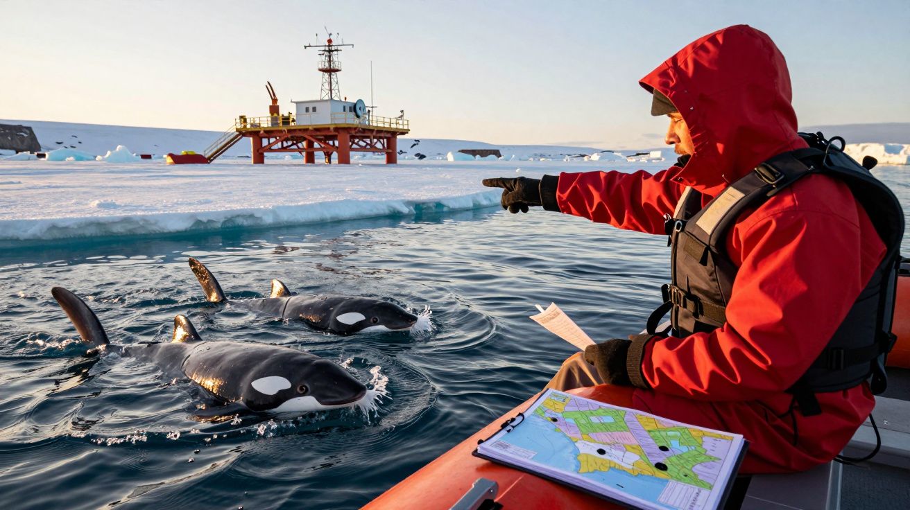 Investigador num barco aponta para orcas nadando no gelo, com mapa e estação polar ao fundo na Antártida.
