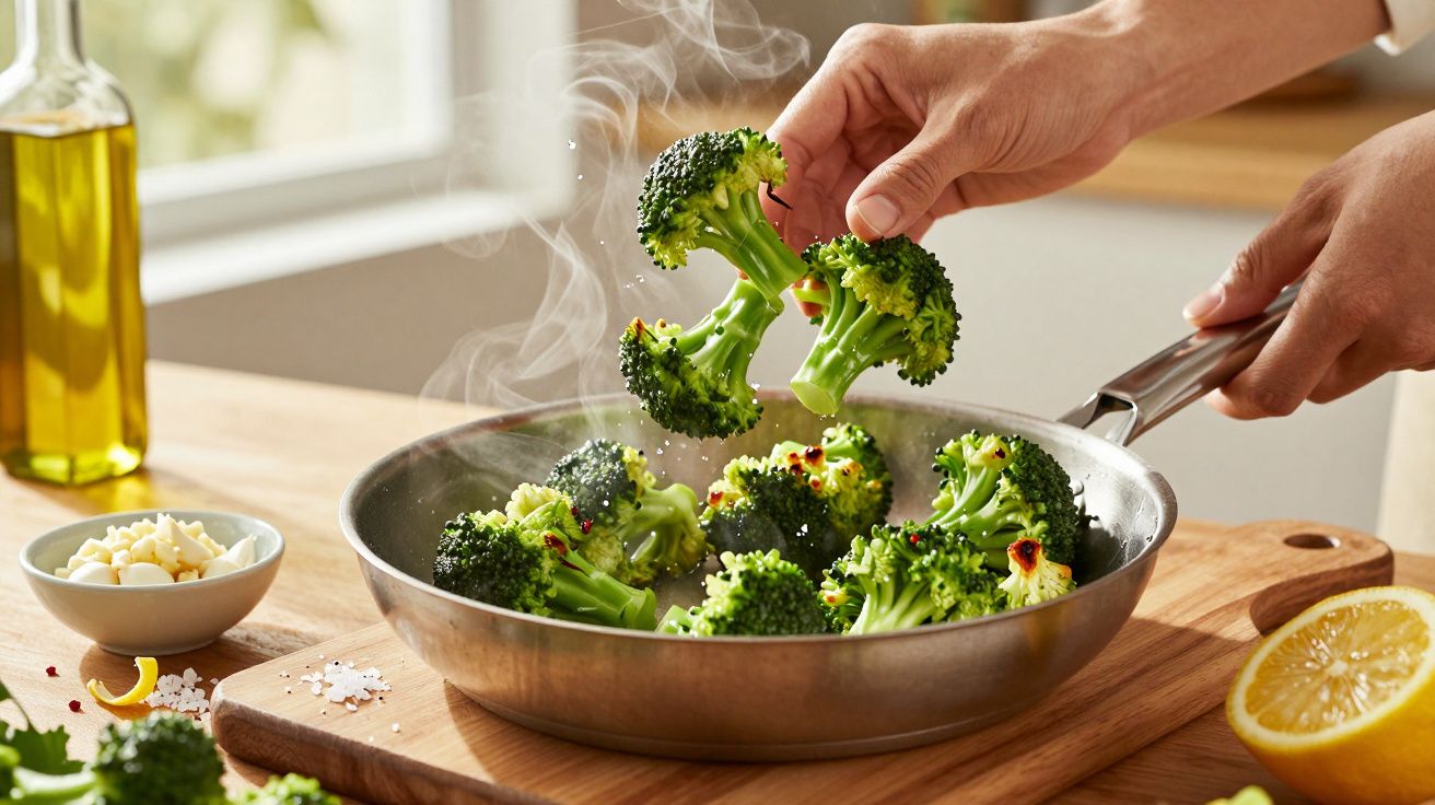 Mãos a cozinhar brócolos numa frigideira com azeite e limão ao lado.