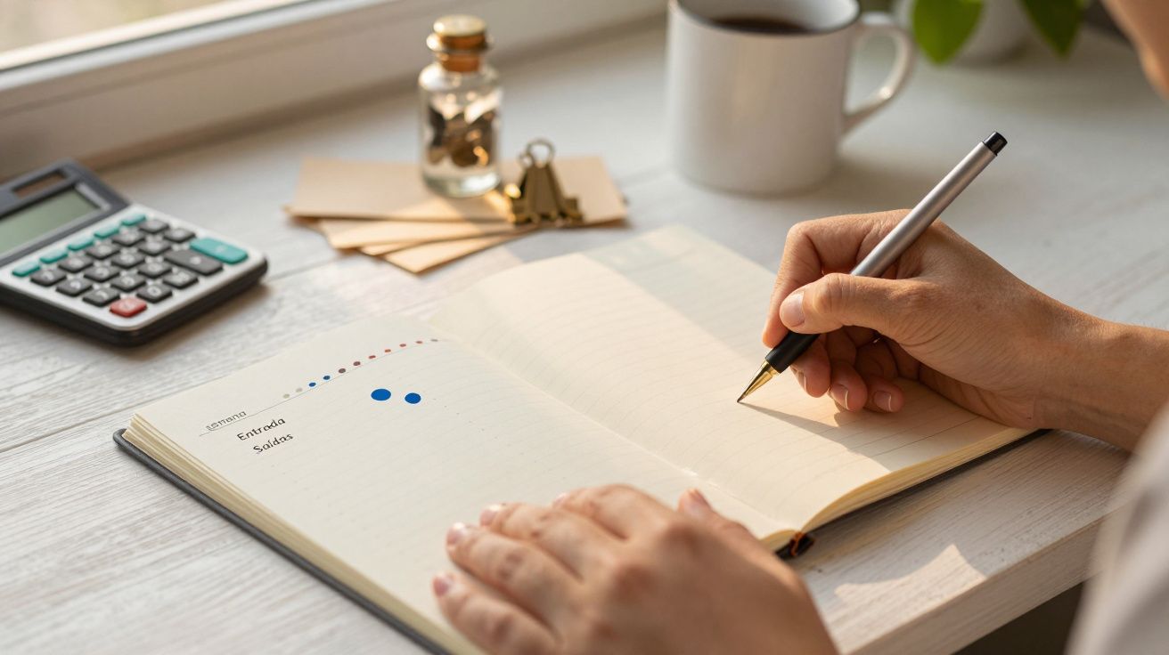 Pessoa escrevendo num caderno sobre uma mesa com calculadora, chávena, e correspondência ao lado de uma janela.