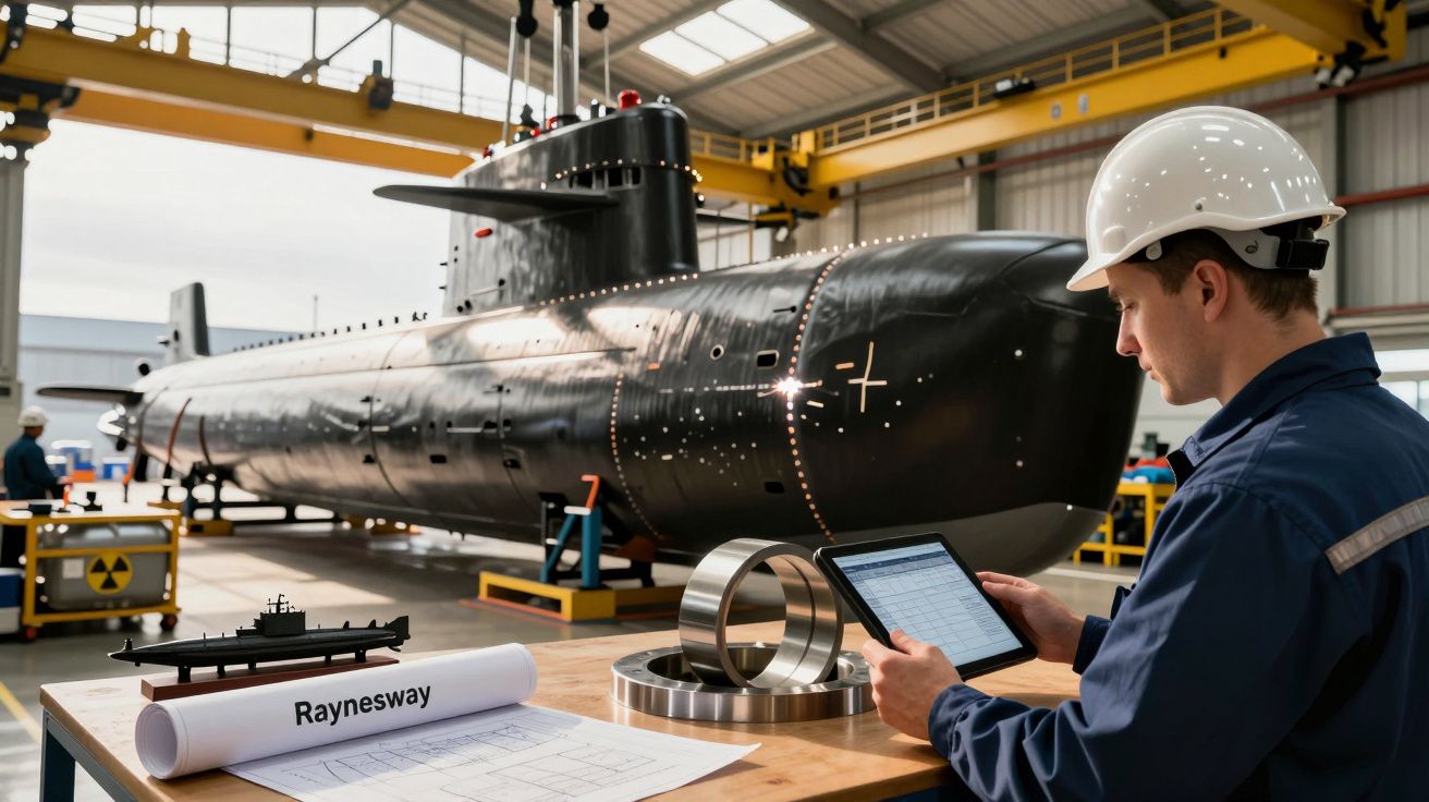 Engenheiro de capacete consulta tablet em fábrica com submarino em construção ao fundo.