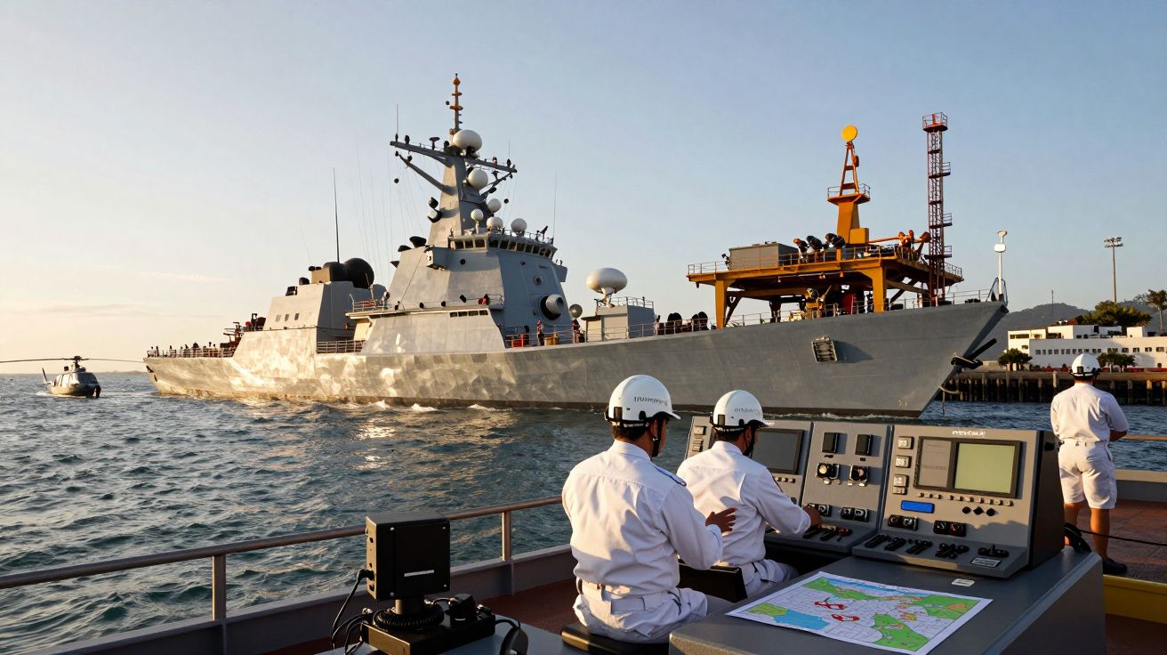 Marinheiros em uma lancha controlam navio de guerra próximo a plataforma marítima ao pôr do sol.