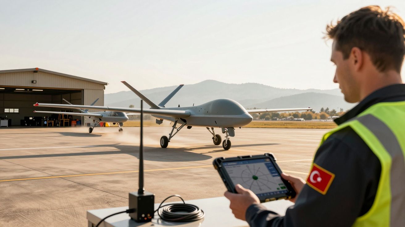 Operador controla drone em pista de aeroporto com tablet, hangar no fundo e bandeira da Turquia no colete.