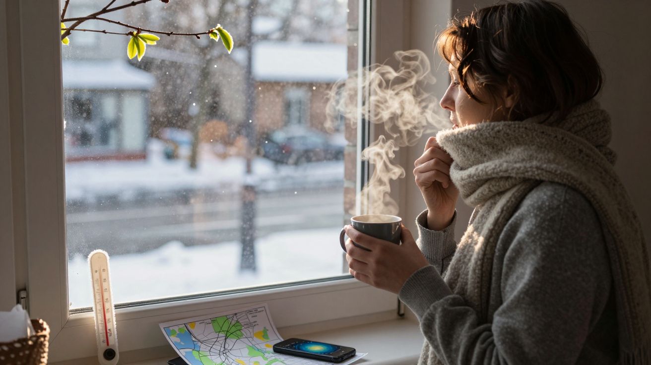 Mulher com cachecol, bebe chá à janela, observando a neve lá fora. Termómetro e mapa na mesa.