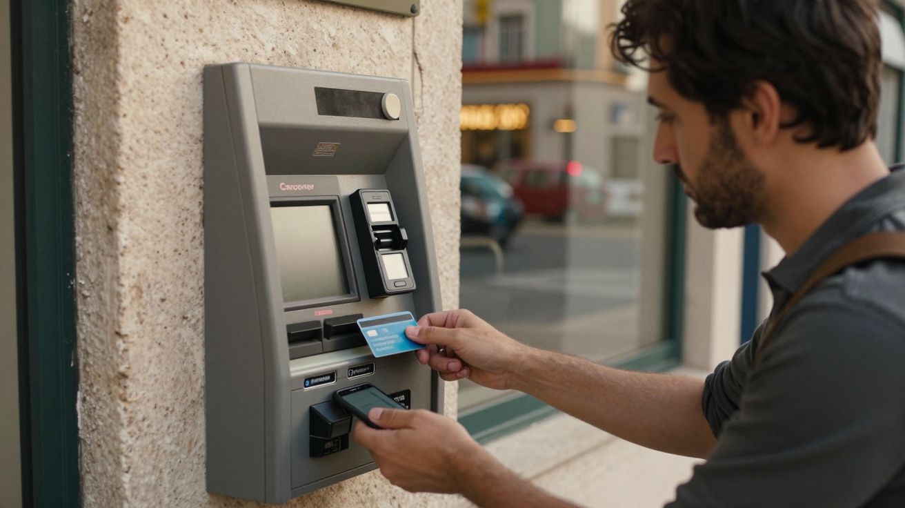 Homem a usar caixa multibanco ao ar livre, inserindo cartão azul no terminal.