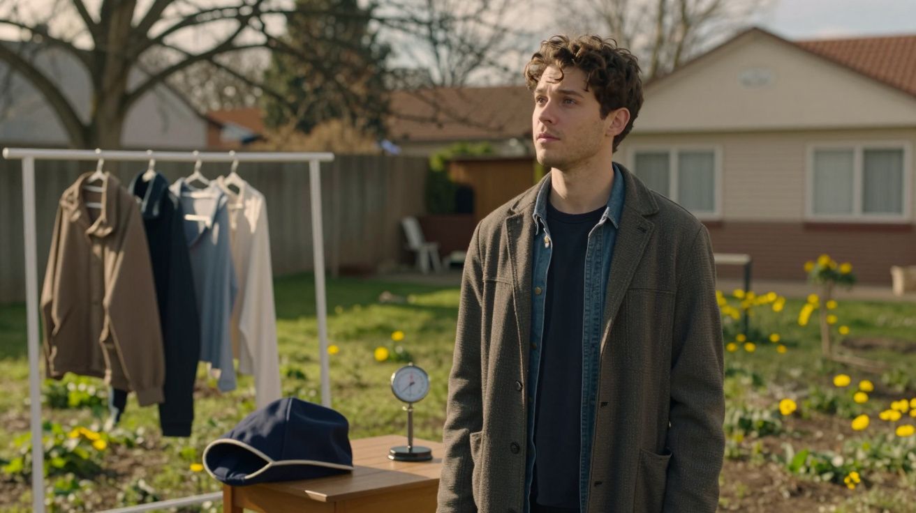 Homem em pé no jardim com roupas num varal e uma mesa com relógio e boné, casa ao fundo.