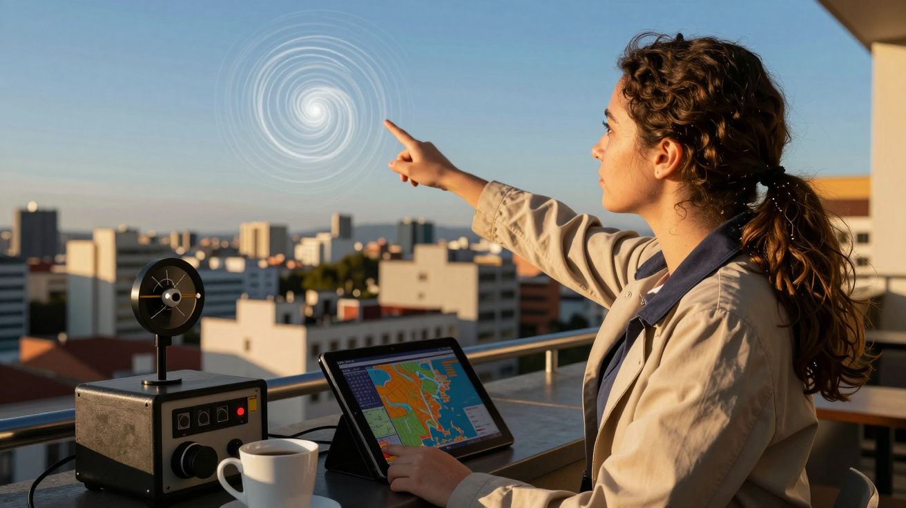 Mulher aponta para espiral virtual no céu, com tablet e equipamentos à frente, num terraço com vista para a cidade.